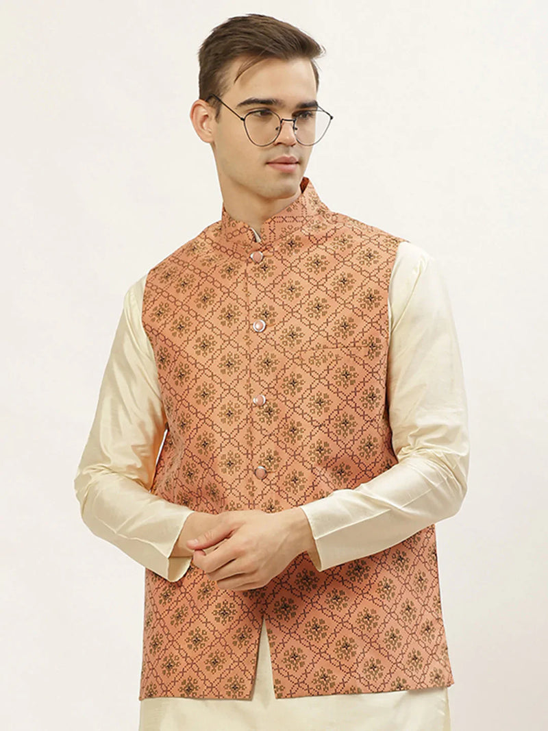 Jompers Men's Orange Printed Nehru Jacket ( JOWC 4031Orange )