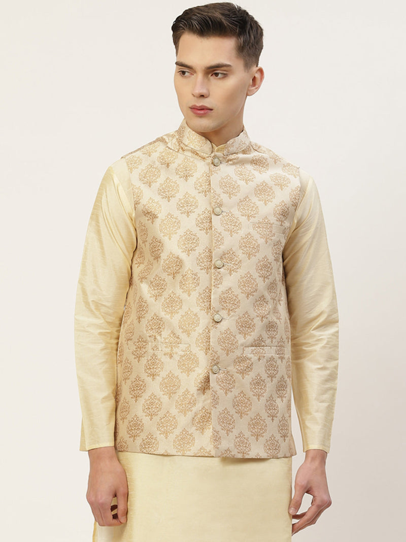 Jompers Men's Cream Printed Nehru Jacket