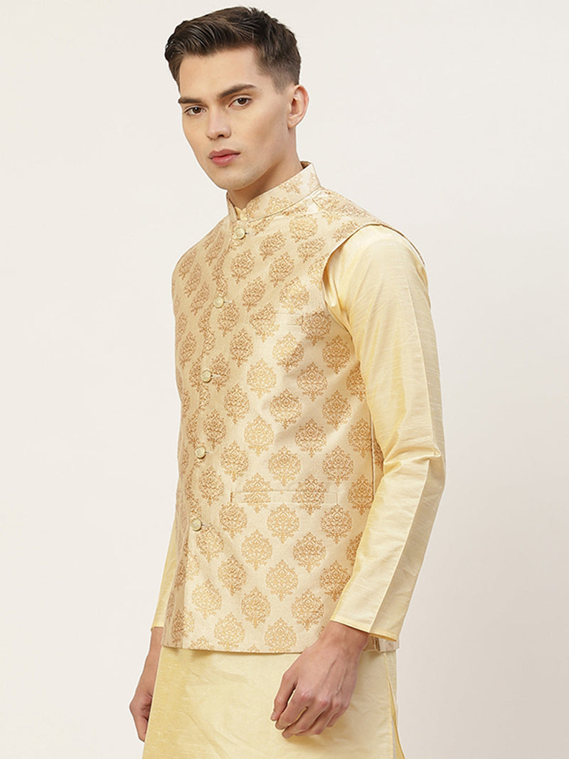 Jompers Men's Cream Printed Nehru Jacket