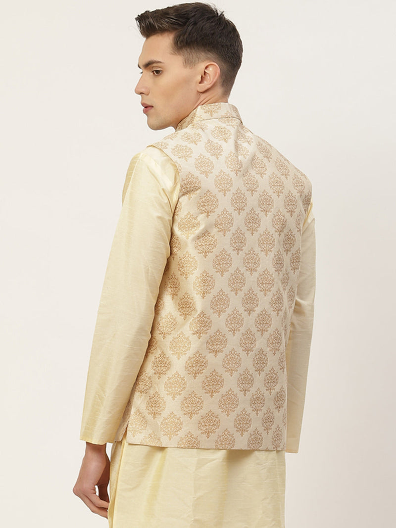 Jompers Men's Cream Printed Nehru Jacket