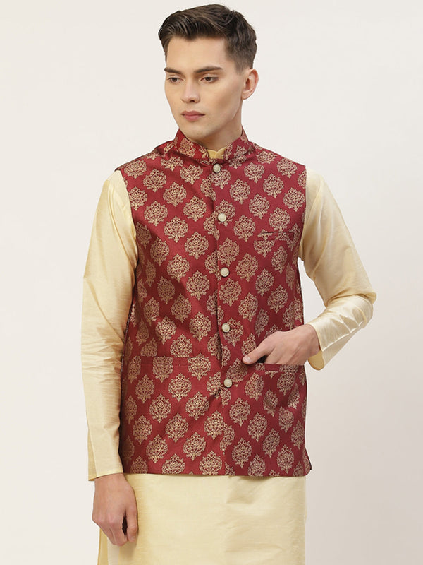 Jompers Men's Maroon Printed Nehru Jacket