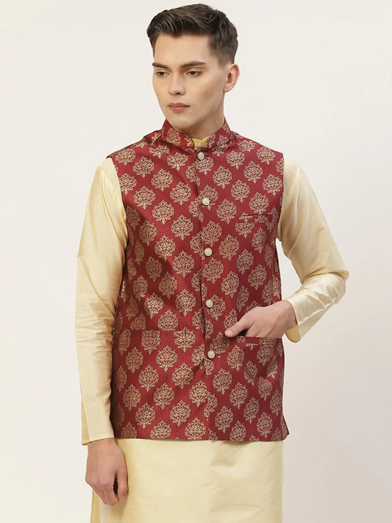 Jompers Men's Maroon Printed Nehru Jacket ( JOWC 4032Maroon )