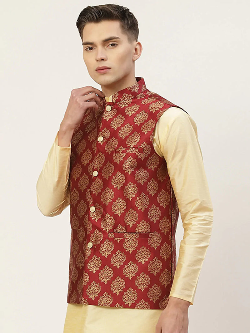 Jompers Men's Maroon Printed Nehru Jacket ( JOWC 4032Maroon )