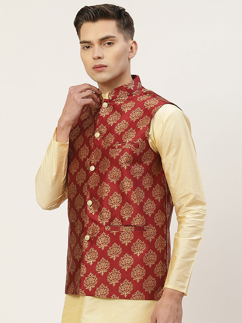 Jompers Men's Maroon Printed Nehru Jacket