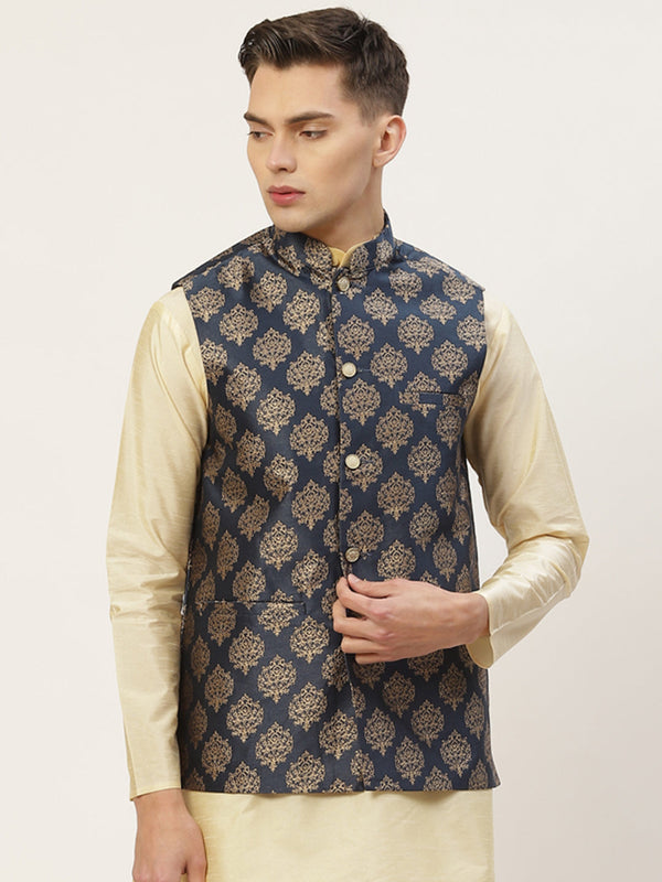 Jompers Men's Navy Printed Nehru Jacket