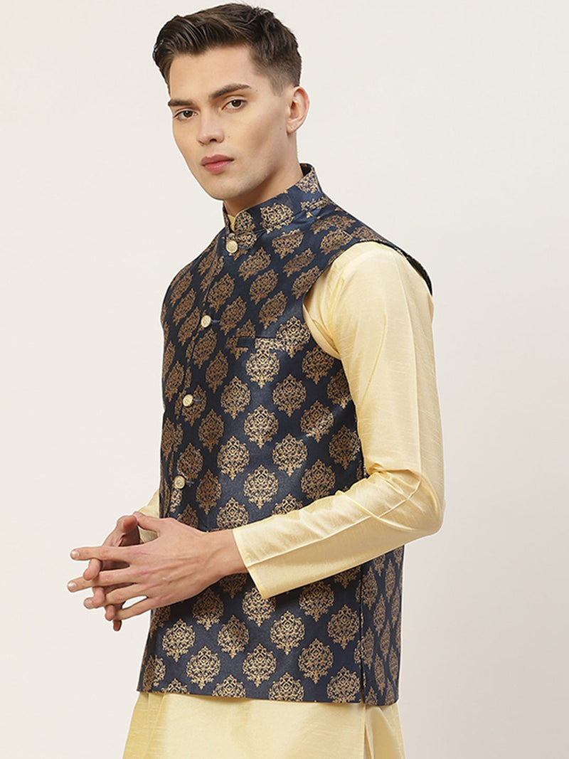 Jompers Men's Navy Printed Nehru Jacket