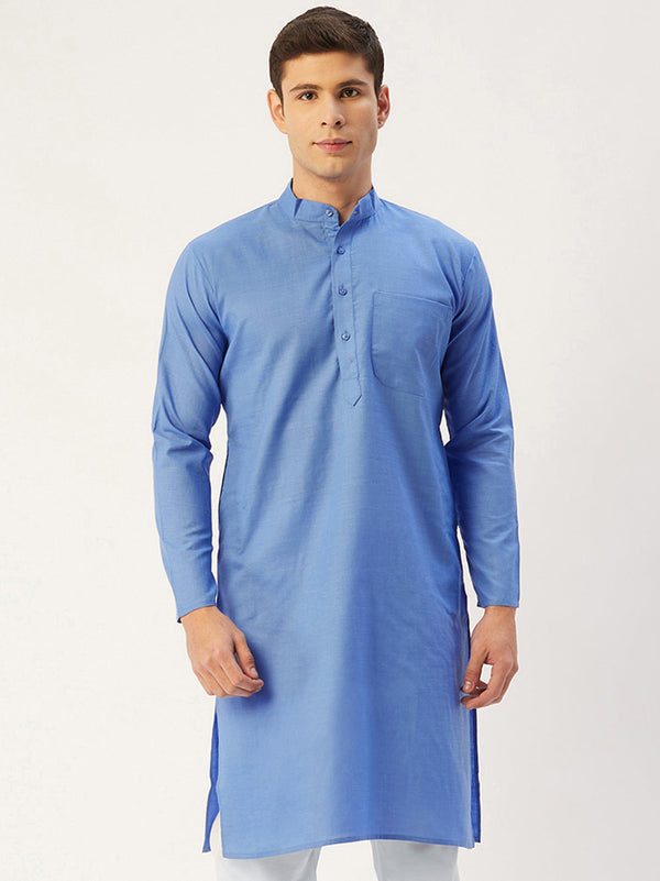 Jompers Men's Blue Cotton Solid Kurta Only