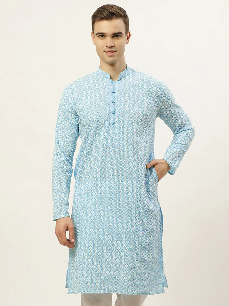 Jompers Men's Sky Embroidered Kurta Only ( KO 626 Sky )