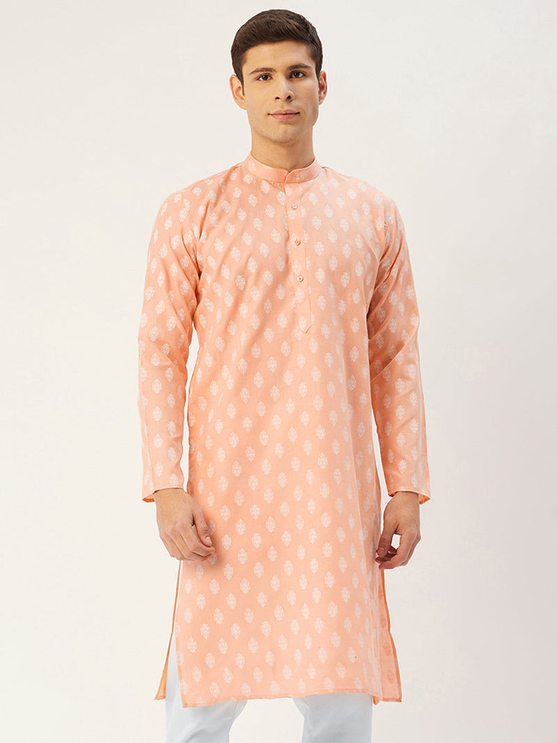 Jompers Men's Peach Cotton Floral printed kurta Only