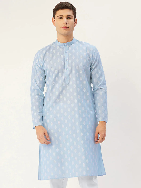 Jompers Men's Sky Cotton Floral printed kurta Only( KO 650 Sky )