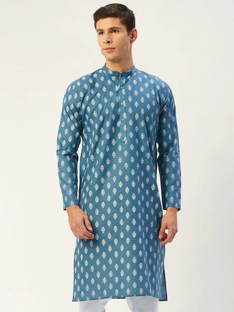 Jompers Men's Teal Cotton Floral printed kurta Only( KO 650 Teal )