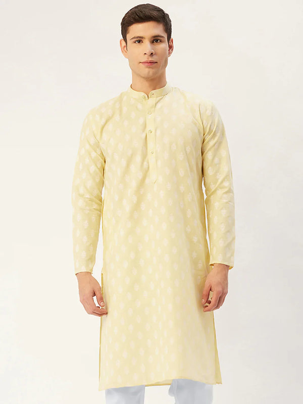 Jompers Men's Yellow Cotton Floral printed kurta Only( KO 650 Yellow )