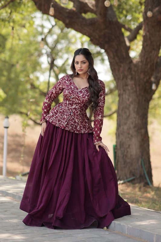 Aastha fashion  wine Shimmer Vichitra Lehenga  Viscose Jacquard  blouse fabric embroidery work