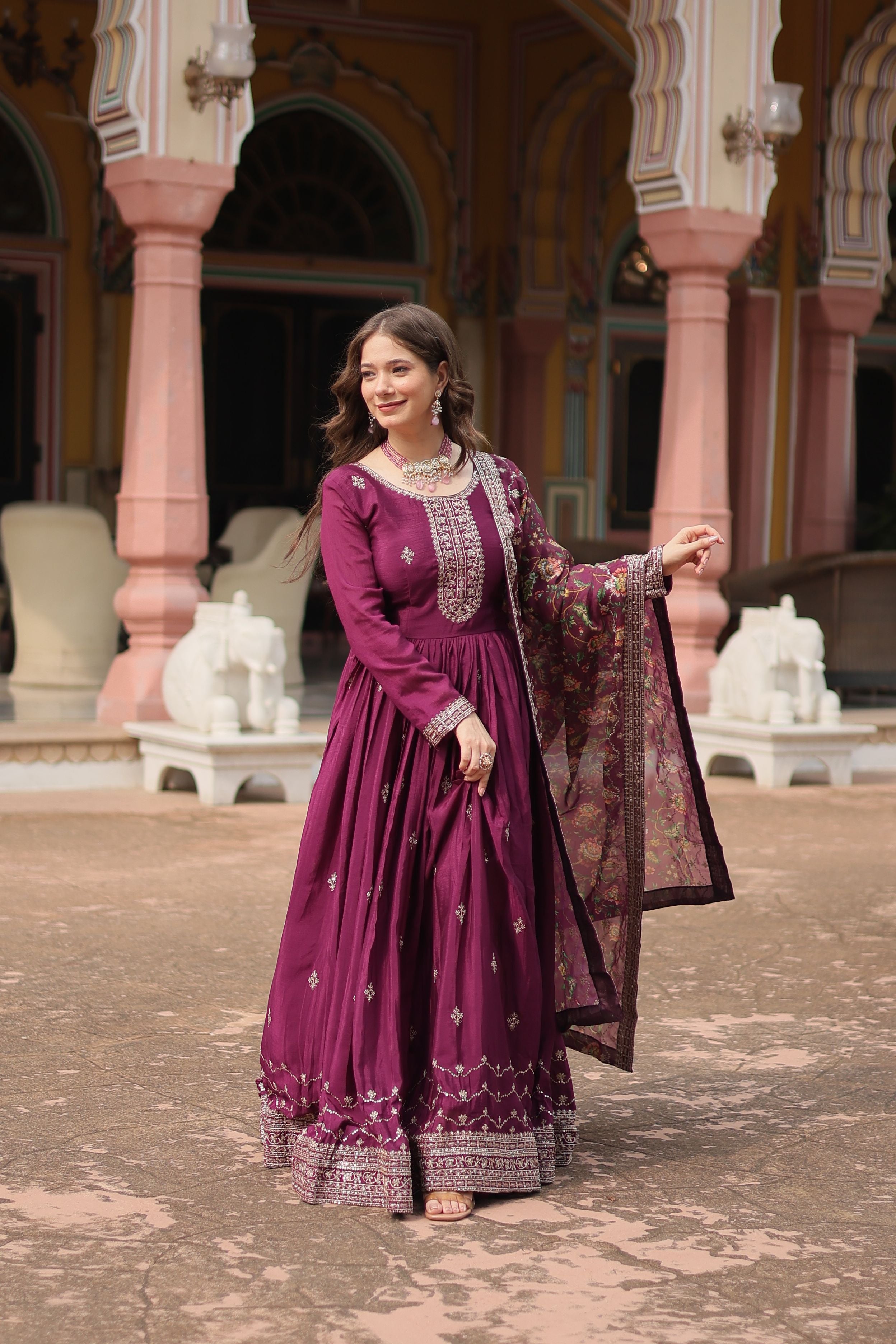 Aastha Wine Chinon Cotton with Gown fabric Tebby Silk