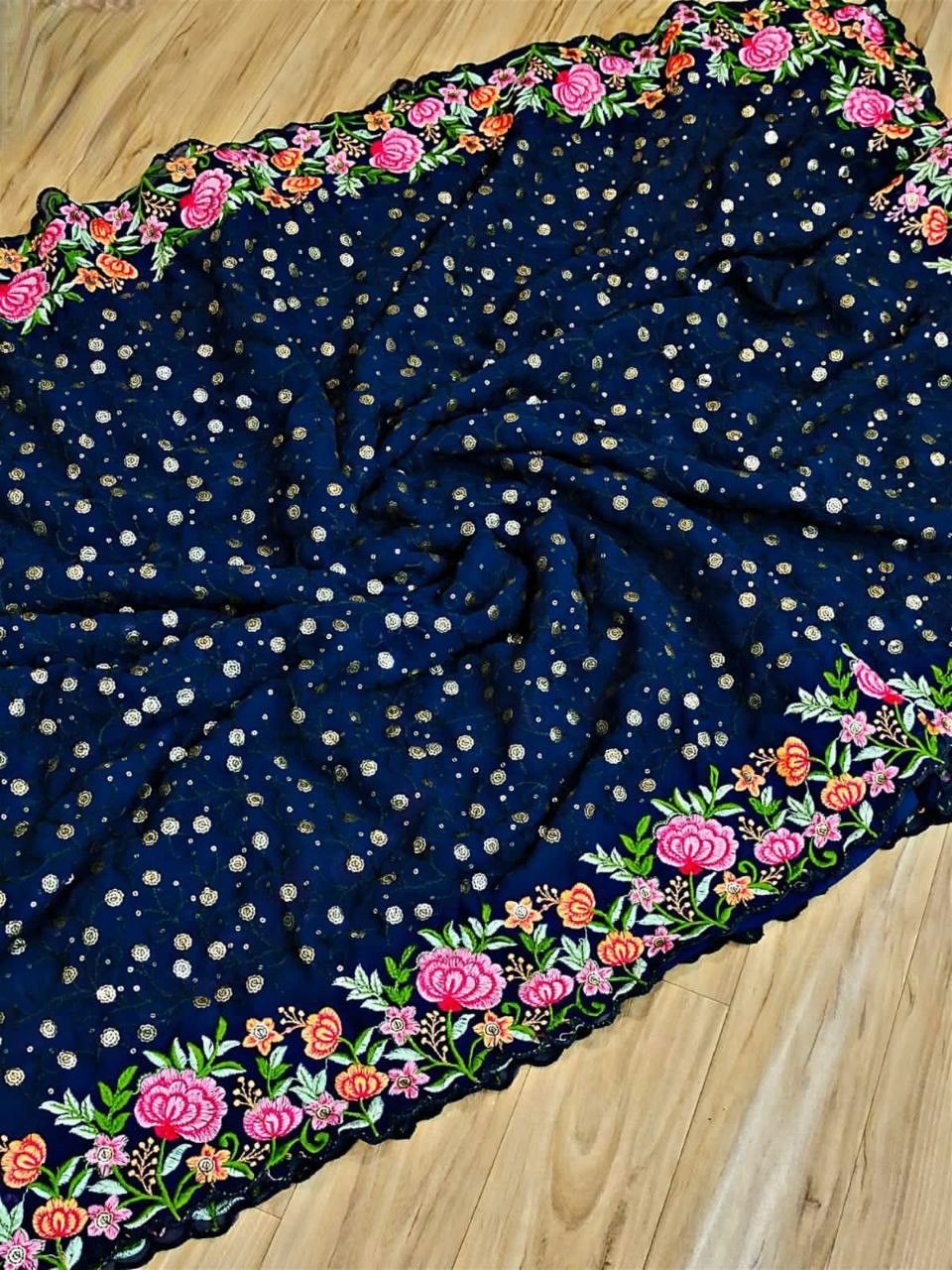 Aastha Teal Soft Georgette Fabric with Banglori Blouse fabric Beautiful Sequance and multicoloured Embroidery work