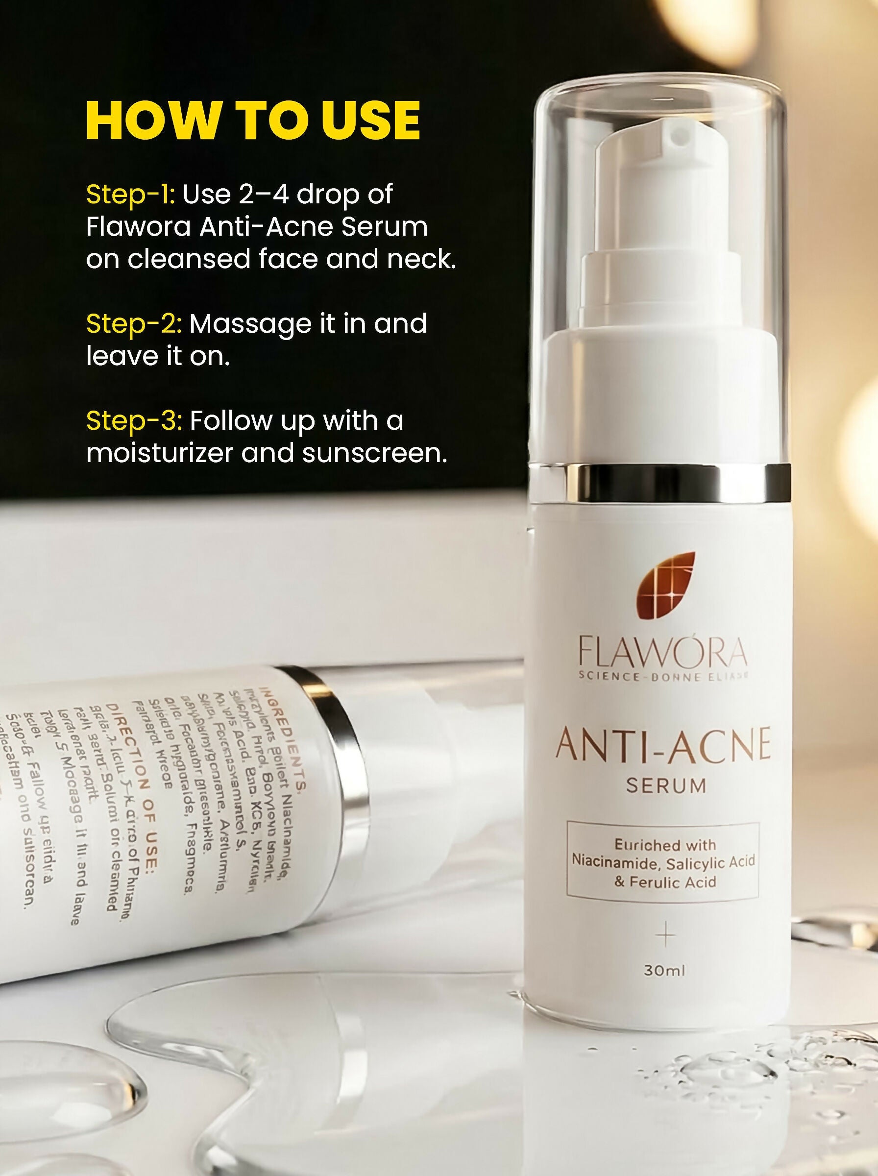 Flawora Set of D-Tan Lotion, Anti Acne Serum, Anti-Grey Hair Serum and Golden Glow Face Serum