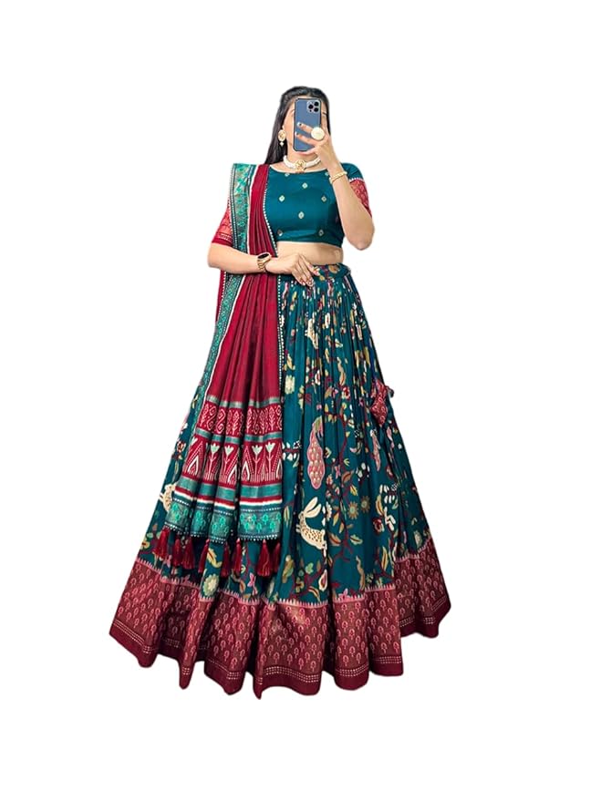 Woman's perfectly Navratri Collection Tussar Silk Lehenga Choli Patola Print with Foil Work