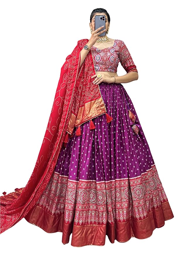 Woman's perfectly Navratri Collection Tussar Silk Lehenga Choli Patola Print with Foil Work
