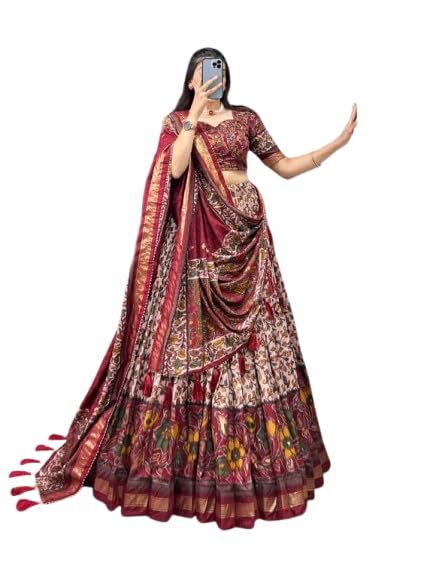 Woman's perfectly Navratri Collection Tussar Silk Lehenga Choli Patola Print with Foil Work