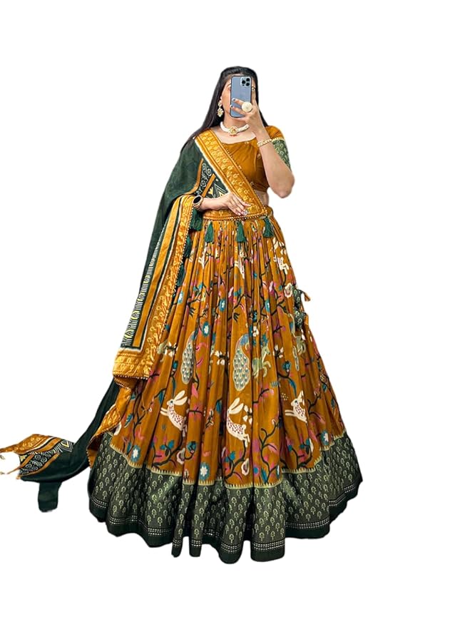 Woman's perfectly Navratri Collection Tussar Silk Lehenga Choli Patola Print with Foil Work