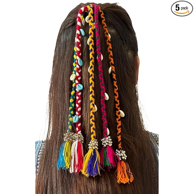 5 PCS Navratri Look Hair Braids with Rubber Bands Girl and Women, Hair Accessory for Everyday Style and Rainbow Color Braids Extensions Hair Color