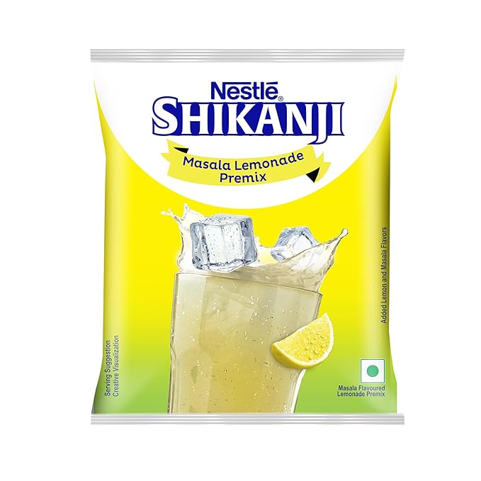 Nestle Shikanji Masala Lemonade Premix packaging with lemon and ice on a yellow background