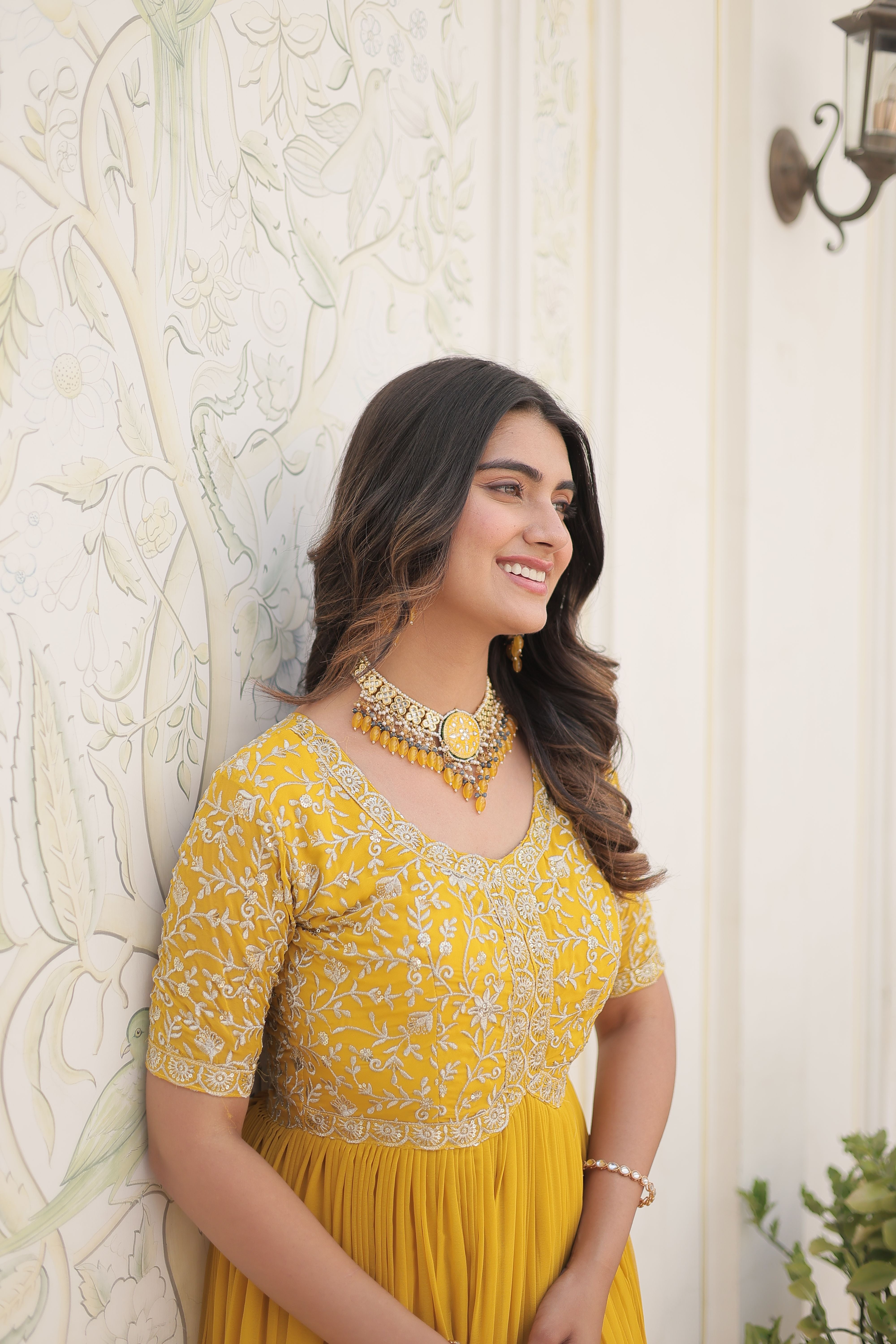 Aastha Yellow Faux Blooming with Gown fabric Embroidery Zari Sequins-work