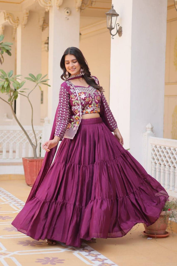 Aastha fashion Wine pure Chinon lehanga blouse Heavy embroidery Thared Work