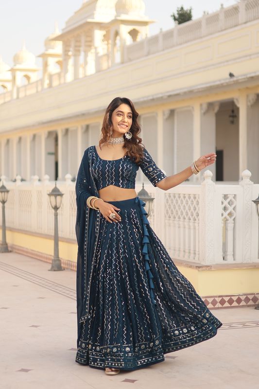 Aastha fashion  teal Lehenga faux blooming blouse fabric embroidery work