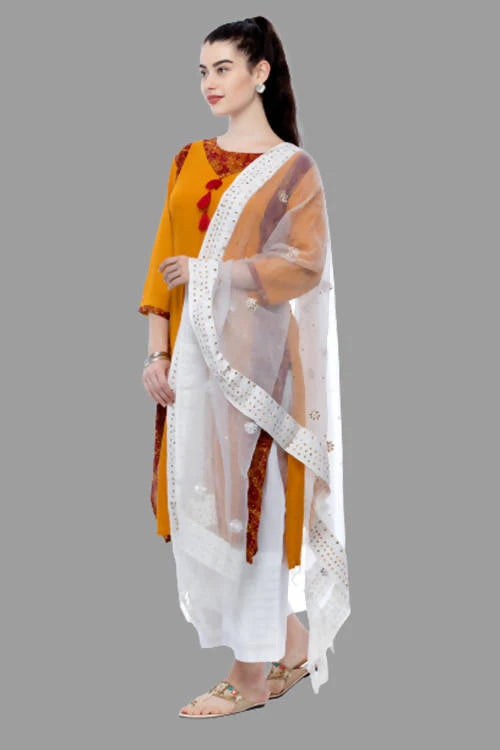 Mominos Fashion White Orgenza Nug Embroidery Dupatta