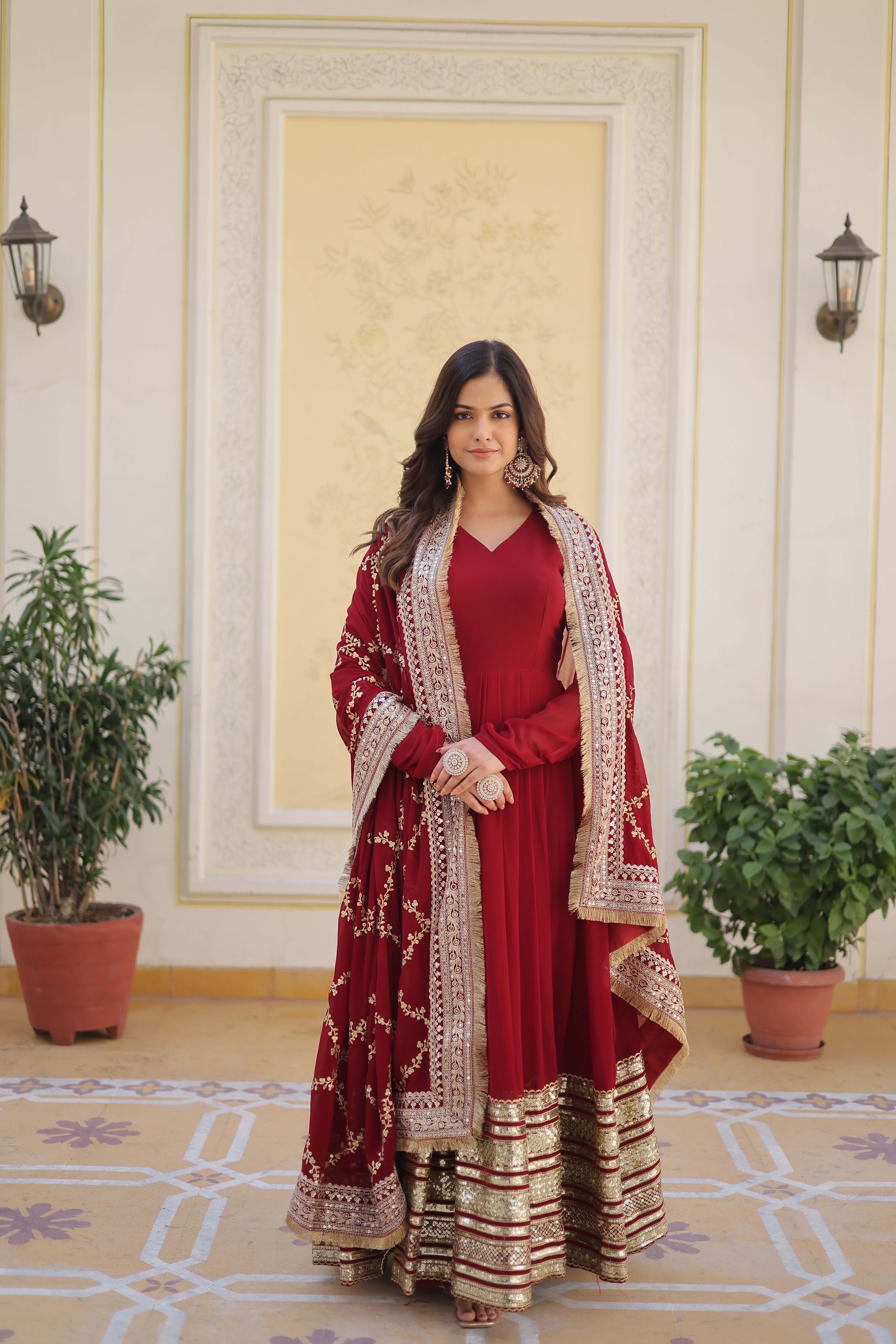 Aastha Maroon Faux Blooming with Gown fabric Embroidery Zari Sequins