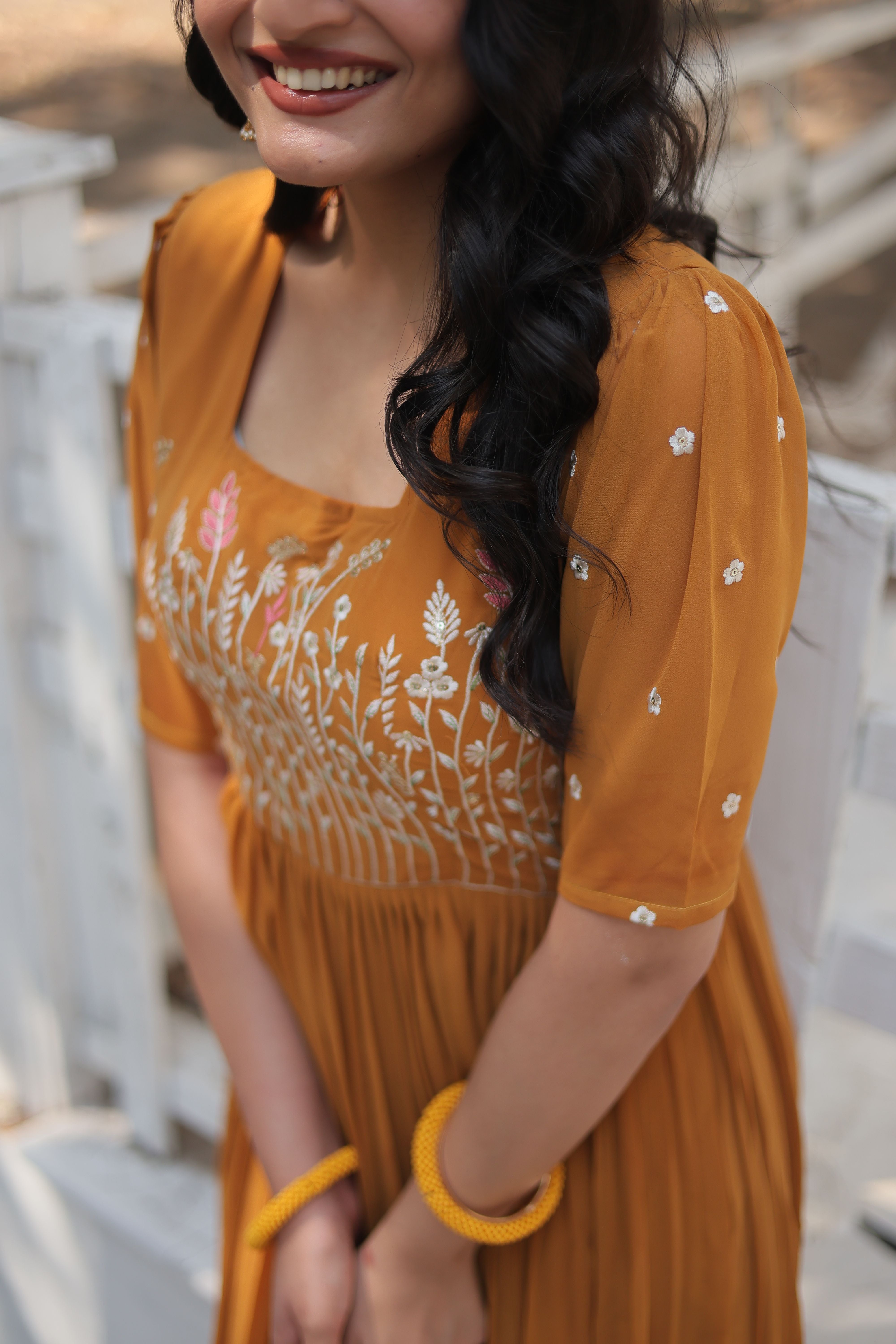 Aastha Musterd with Gown fabric Faux Georgette Sequins Multithreaded Embroidered