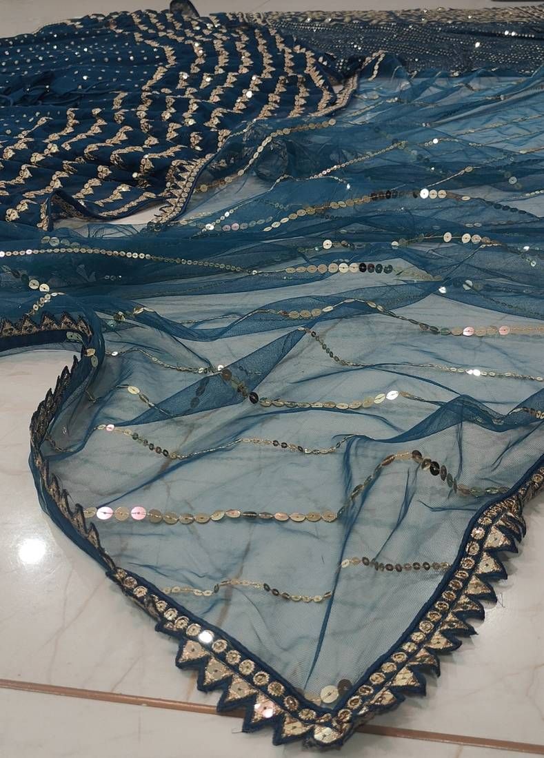 Aastha fashion Blue Faux Georgette lehanga blouse fabric Sequence with Thread and Jari Embroidery Work