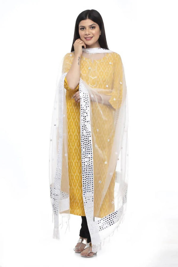 Mominos Fashion White 6 Line Mirror Border Dupatta