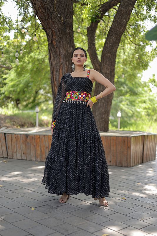 Aastha Black Faux Georgette with Gown Leheriya Digital Print work with kutchi patchework
