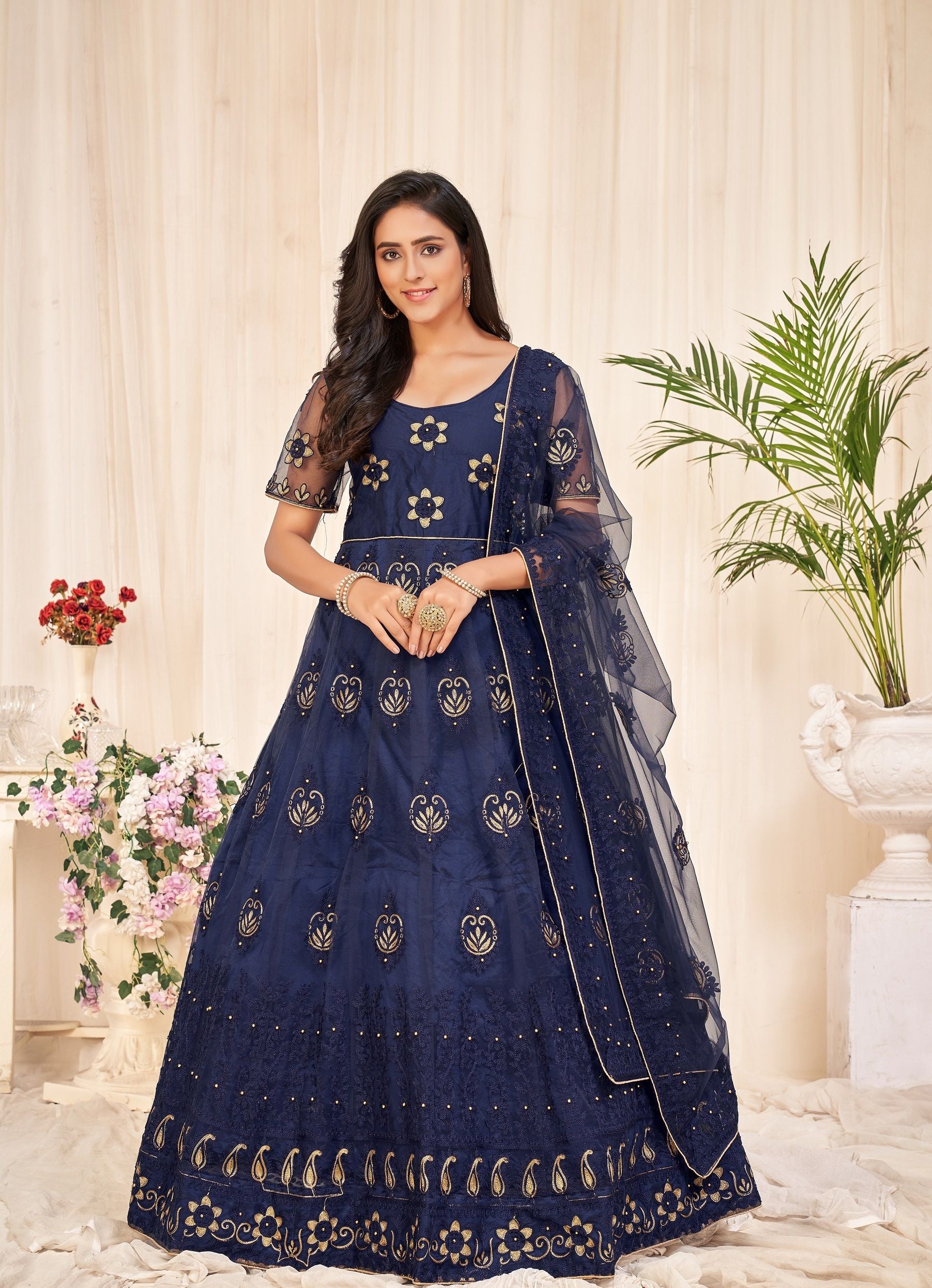 Aastha Navy blue Dupatta with Net top fabric Crepe Bottom fabric