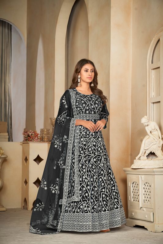 Aastha Black with Net top fabric Santoon Net Bottom fabric