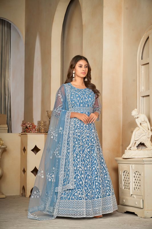 Aastha Sky with Net top fabric Santoon Net Bottom fabric
