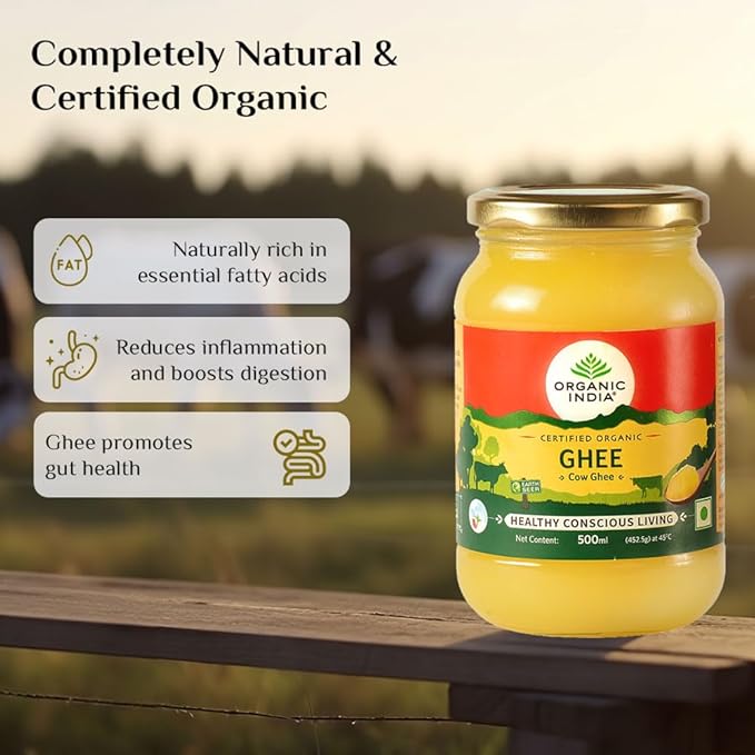 Organic India Organic Cow Ghee 500 ml Bottle | 100% Gir Cow Ghee | Vedic Bilona Method | Grassfed, Cultured, Premium & Traditional Ghee