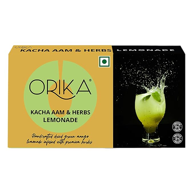 Orika Kacha Aam & Herbs Lemonade packaging with a green drink splash on a black background.
