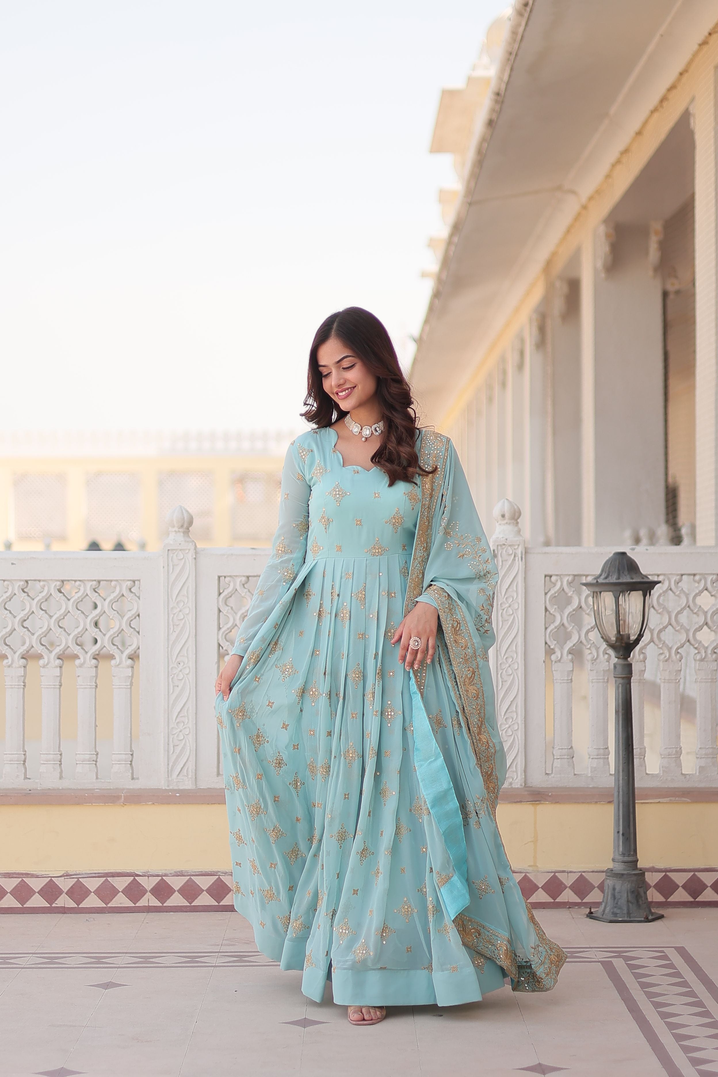 Aastha Sky Faux Georgette with Gown fabric Embroidery Zari Sequins