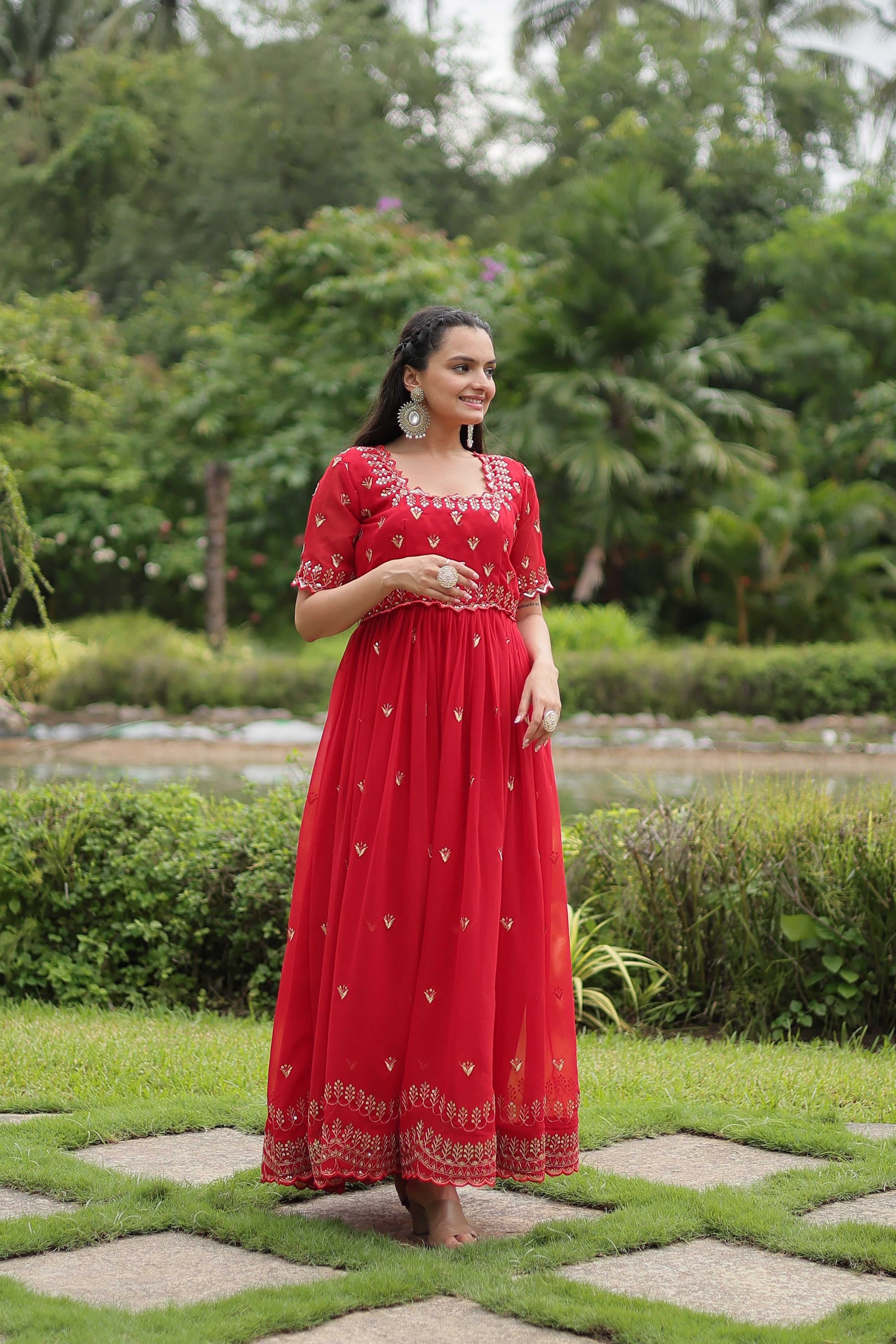Aastha Red Faux Blooming with Gown Embroidery Zari Sequins-work