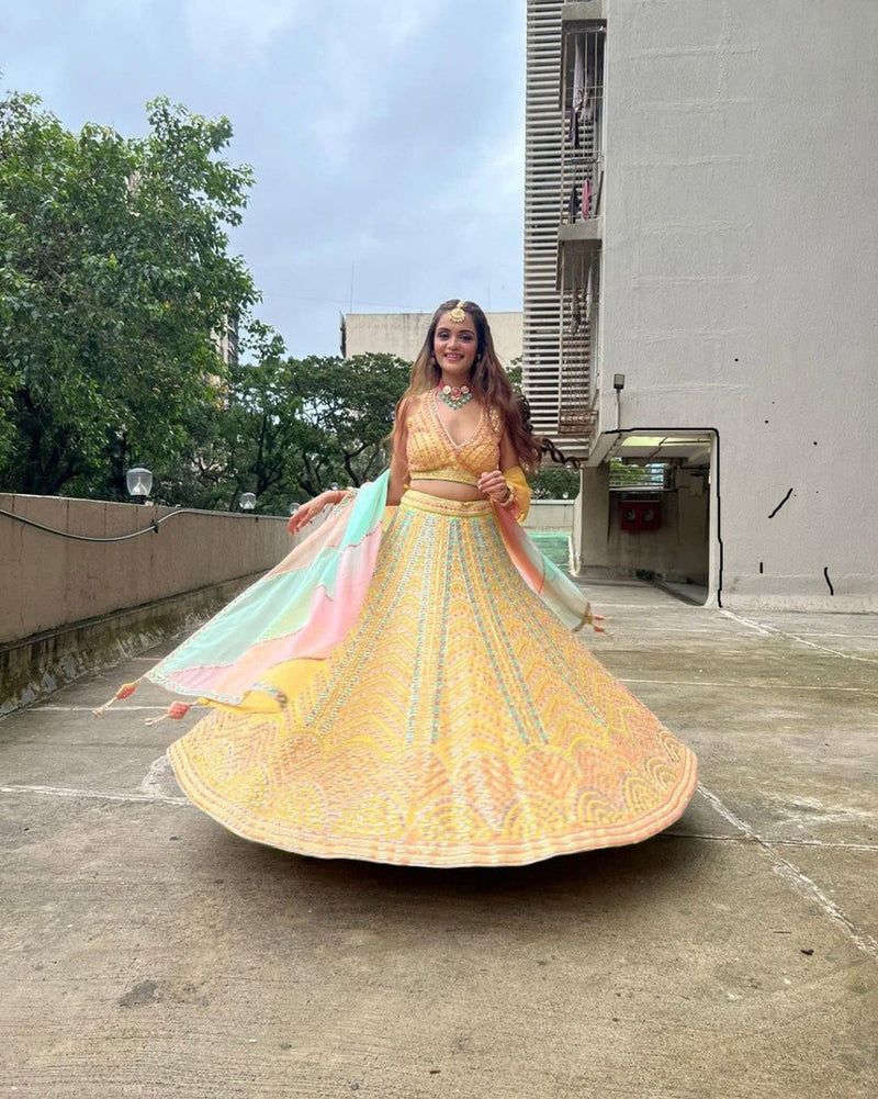 Aastha fashion off Yellow Lehenga Choli with Dola Silk With Fusing  blouse fabric