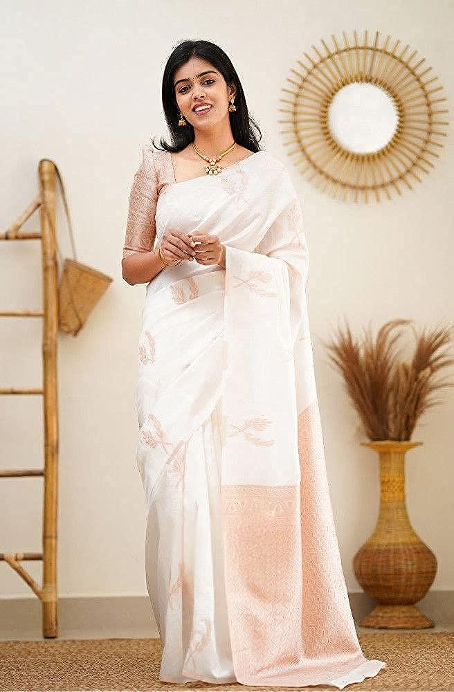 Vamika Weaving Banarasi Jacquard white Kanjivaram Saree