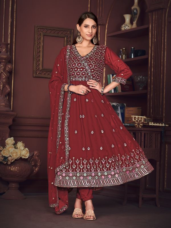 Aastha Maroon with Net top fabric Santoon Net Bottom fabric
