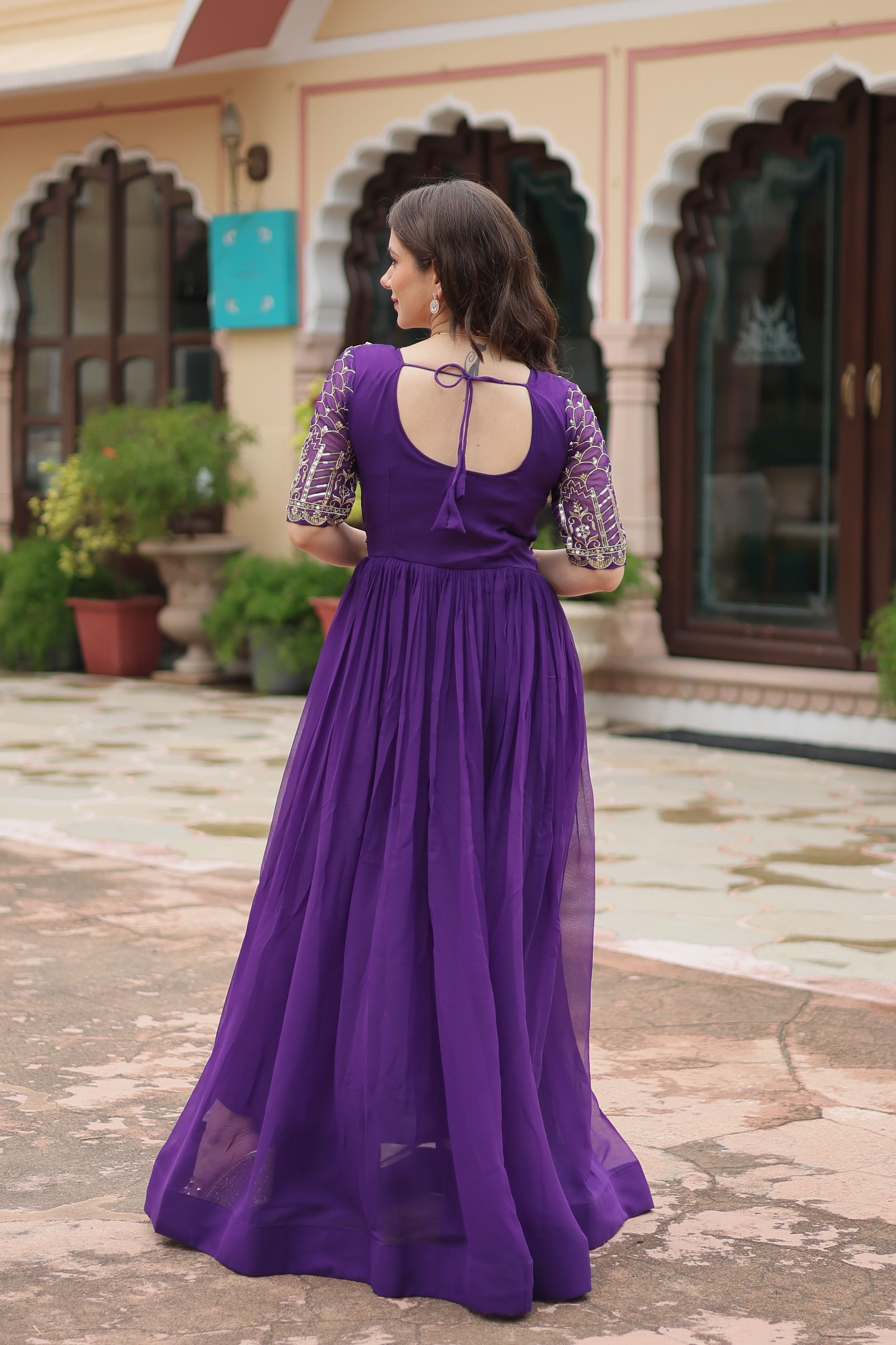 Aastha Purple Faux Blooming with Gown Embroidery Zari Sequins-work