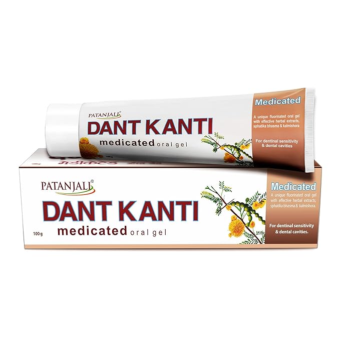 Patanjali Dant Kanti medicated oral gel packaging on a white background