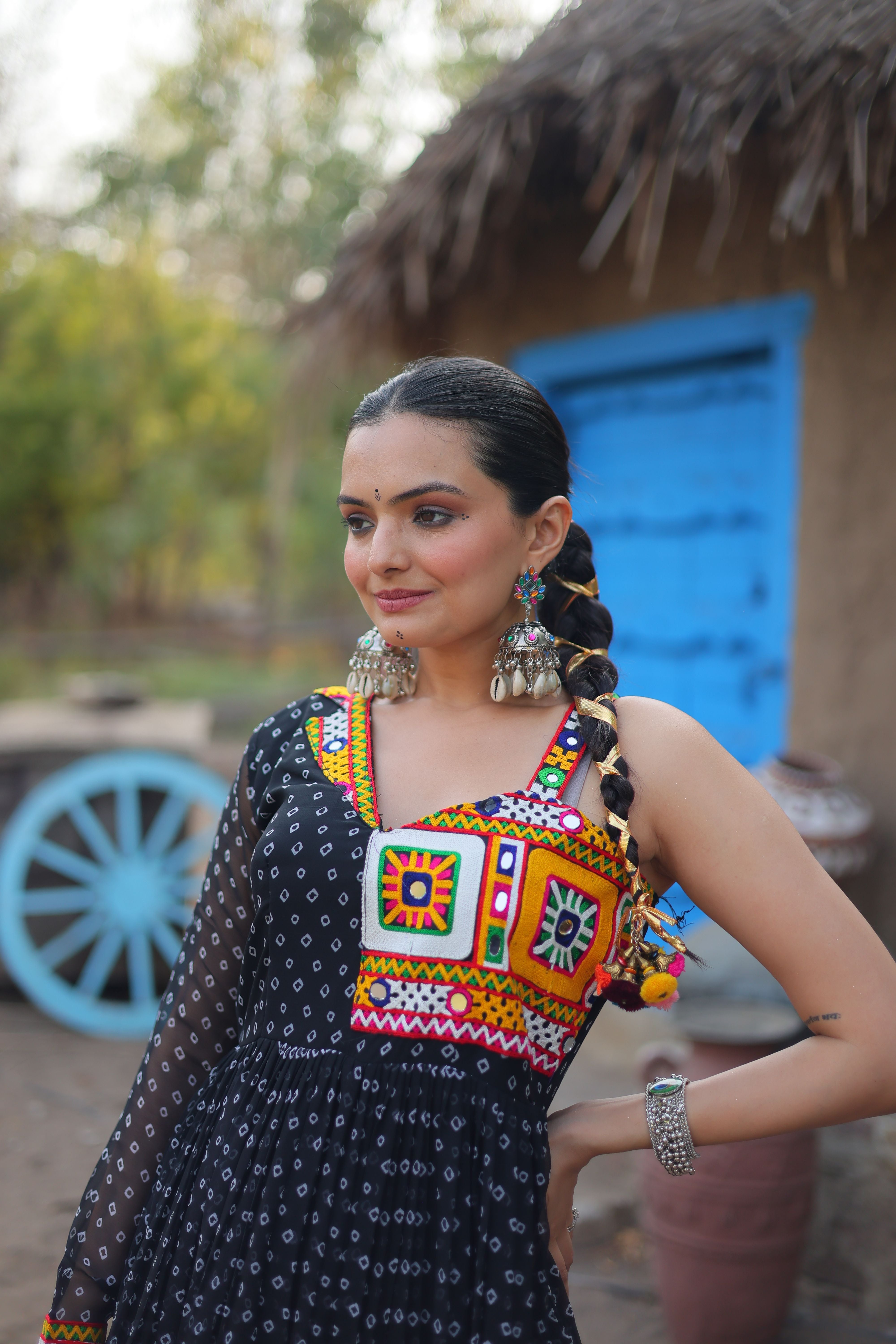 Aastha Black with Gown fabric Faux Georgette Bandhani Print work with kutchi patchework