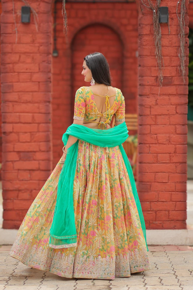 Aastha fashion multi color viscose tebbi organza lehanga blouse fabric embroidery work