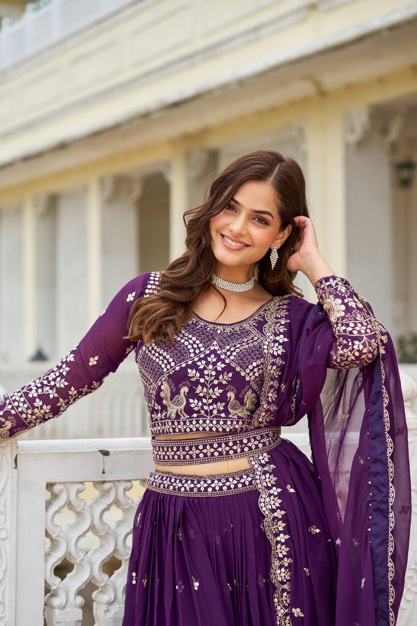 Aastha fashion purple Heavy Fox Georgette lehanga blouse Embroidery 7mm Sequence Work with Belt